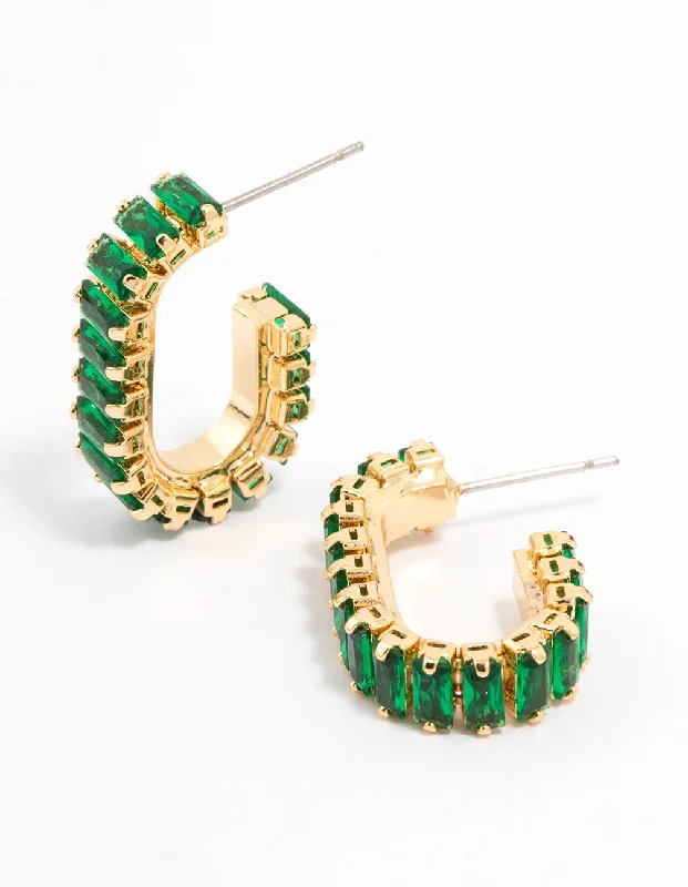 Fashionable earrings with intricate details-Gold Plated Horizontal Baguette Emerald Oval Hoop Earrings