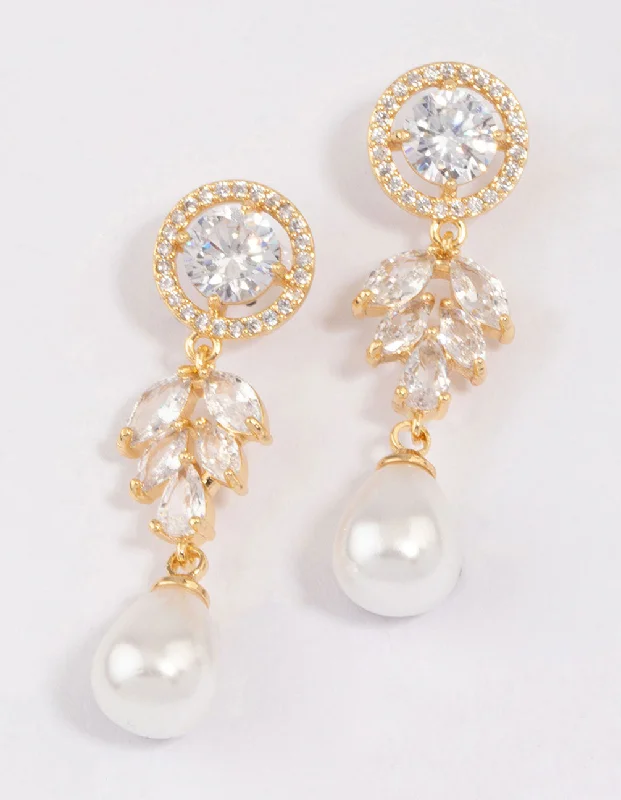 Stylish diamond earrings for women-Gold Plated Round Leaf & Pearl Drop Earrings