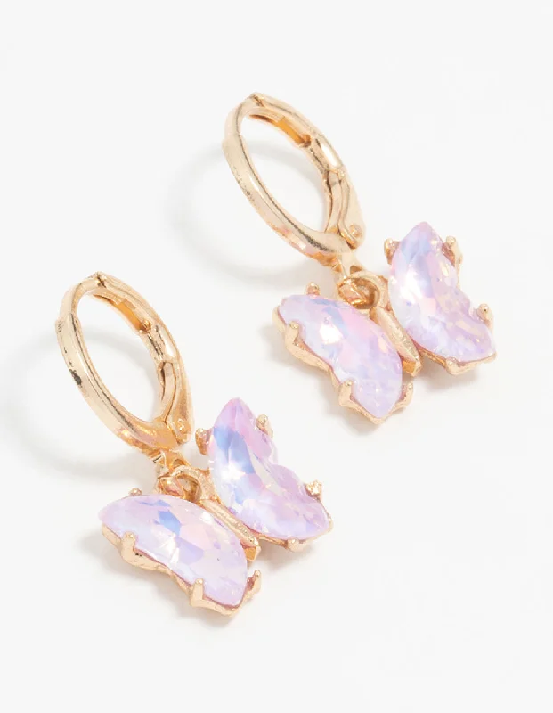 Affordable stud earrings for women-Gold Purple Diamante Butterfly Huggie Earrings