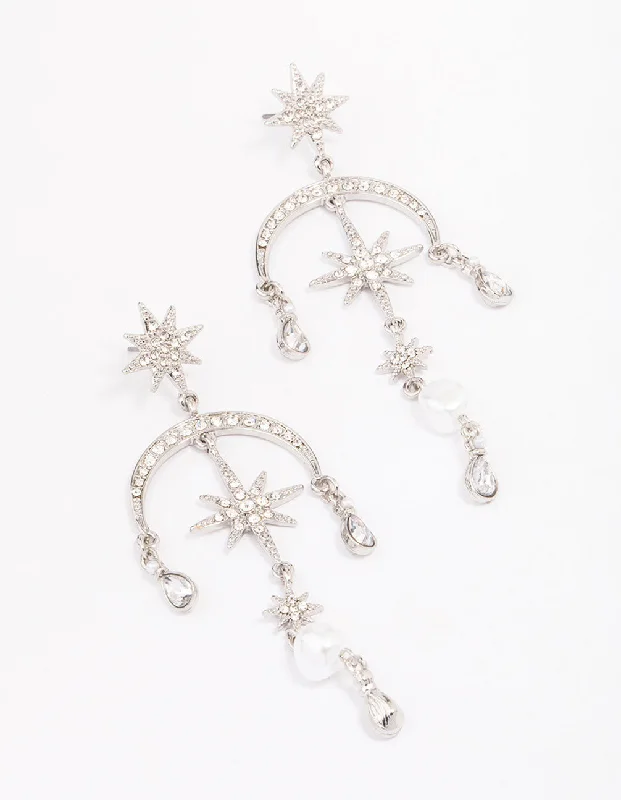 Classic pearl drop earrings for women-Silver Celestial & Pearl Drop Earrings