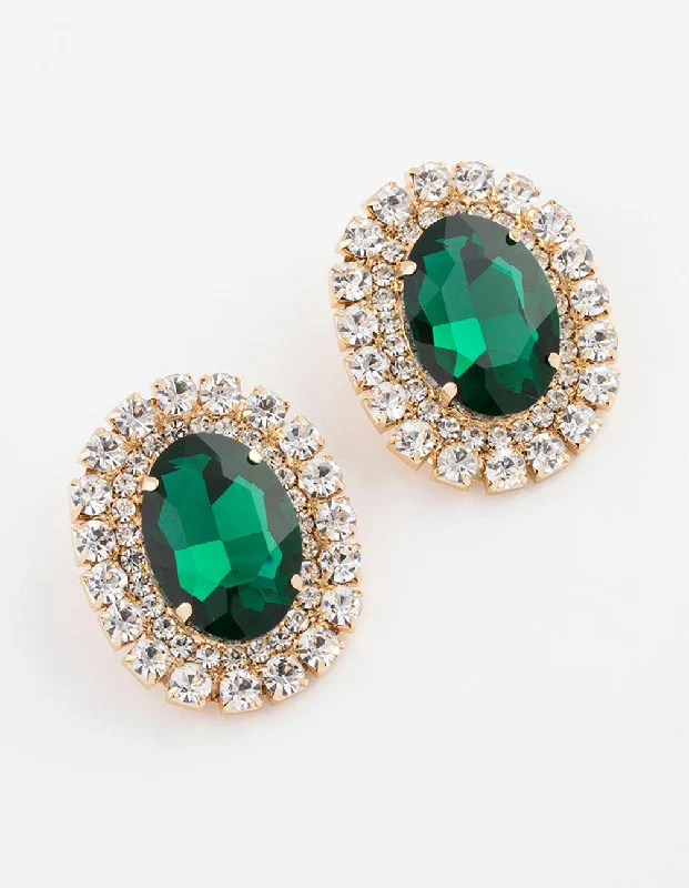 Beautiful drop earrings with blue stones-Gold Luxe Oval Emerald Halo Stud Earrings