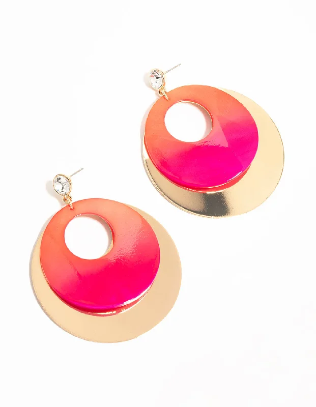 Women’s fashion earrings with modern designs-Gold Pink Diamante &  Circle Drop Earrings