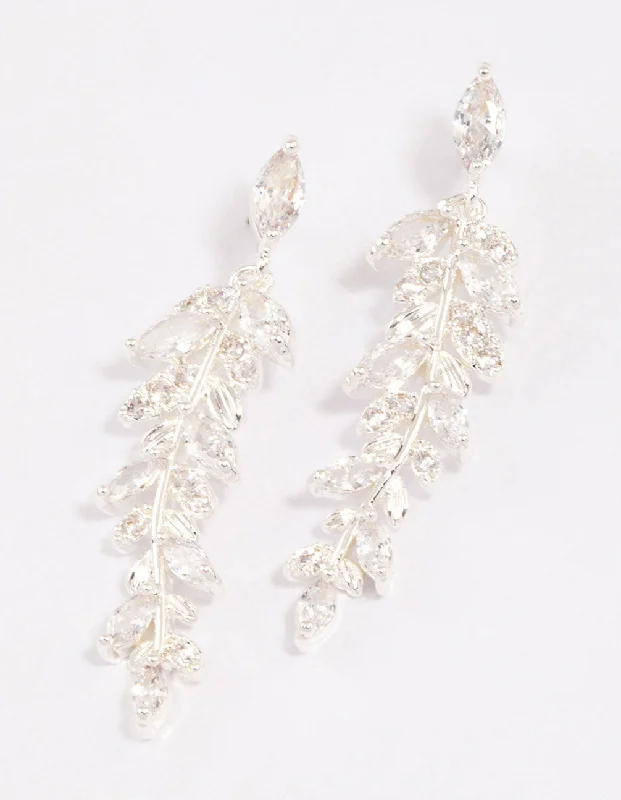 Women’s clip-on earrings for non-pierced ears-Silver Plated Cubic Zirconia Dainty Leaf Drop Earrings