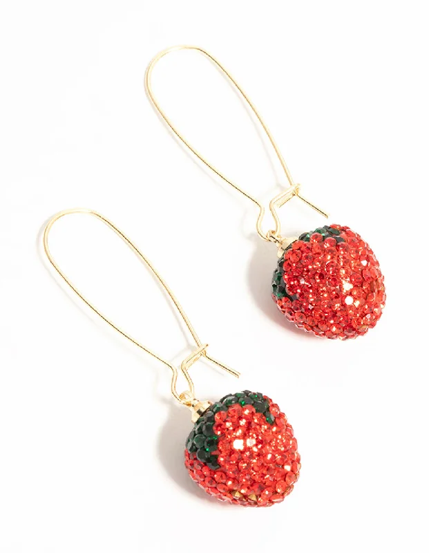 Personalized earrings for women with initials-Gold Red Diamante Strawberry Drop Earrings