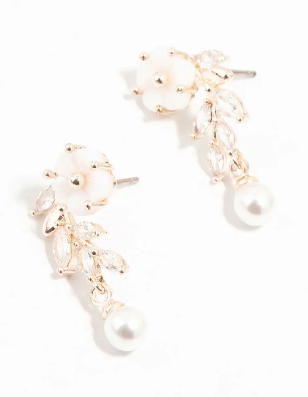 Personalized earrings with names for women-Rose Gold Plated Flower & Pearls Drop Earrings