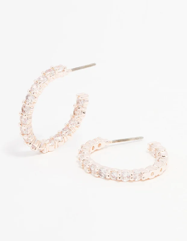 Women’s clip-on earrings for non-pierced ears-Rose Gold Plated Cubic Zirconia Medium Round Stone Hoop Earrings