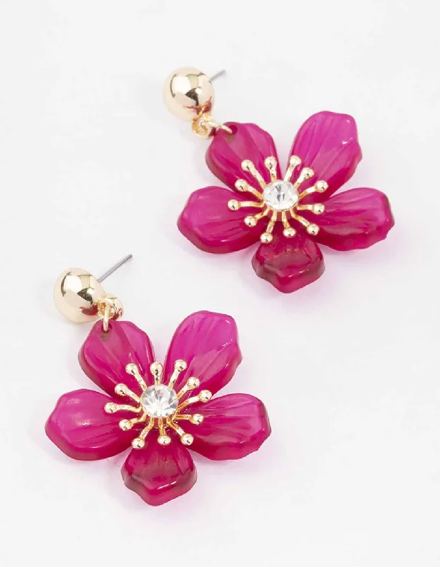 Elegant gold earrings for women-Pink Diamante Stippled Flower Drop Earrings