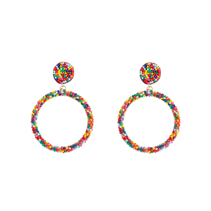 Luxury pearl earrings for women-Rainbow Seed Bead Drop Hoop Earrings