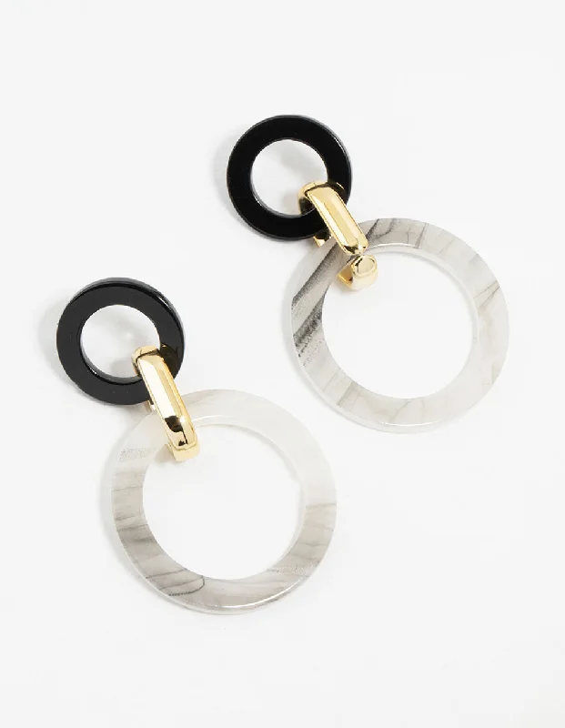 Stylish gold hoop earrings for women-Black & White Marbled Acrylic Circle Drop Earrings