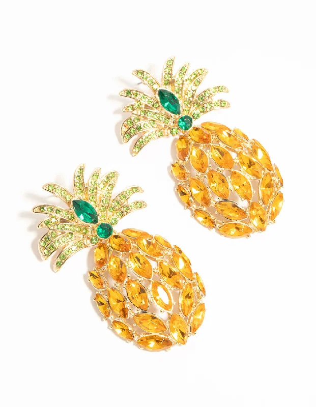 Luxury chandelier earrings for women-Gold Diamante Pineapple Drop Earrings