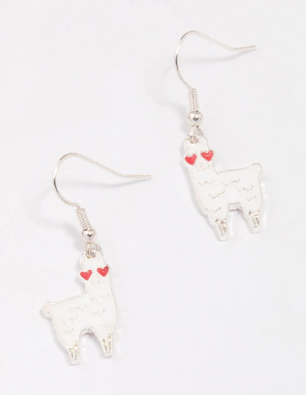 Beautiful heart earrings for women-Silver Llama Drop Earrings