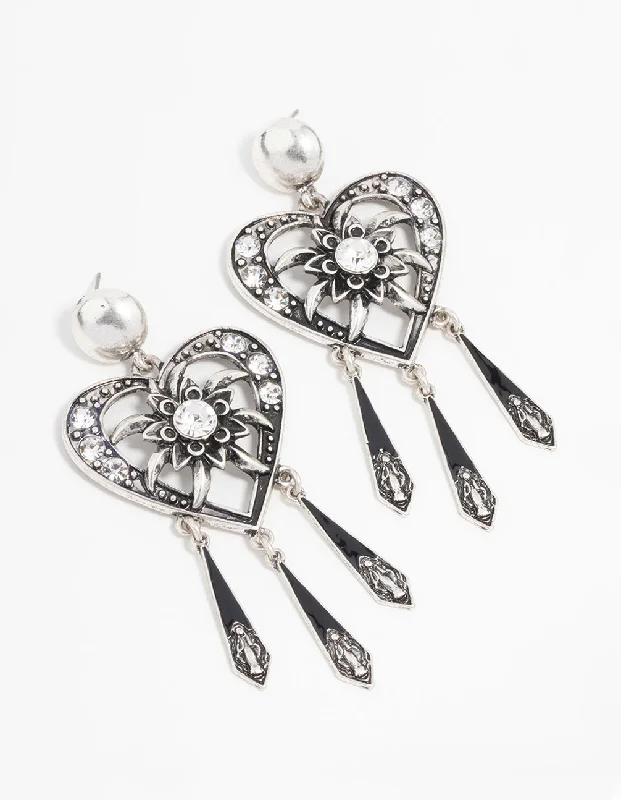 Women’s earrings with heart-shaped designs-Antique Silver Heart Drop Earrings