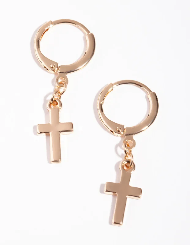 Elegant crystal drop earrings for women-Gold Thick Cross Huggie Earrings