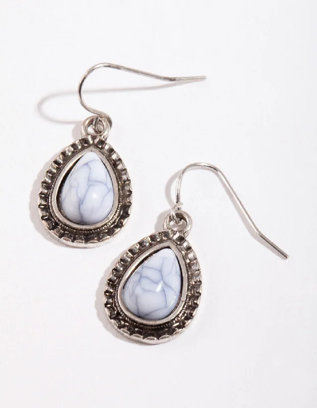 Women’s dangling earrings with gemstones-Antique Silver Etched Tear Simple Drop Earrings