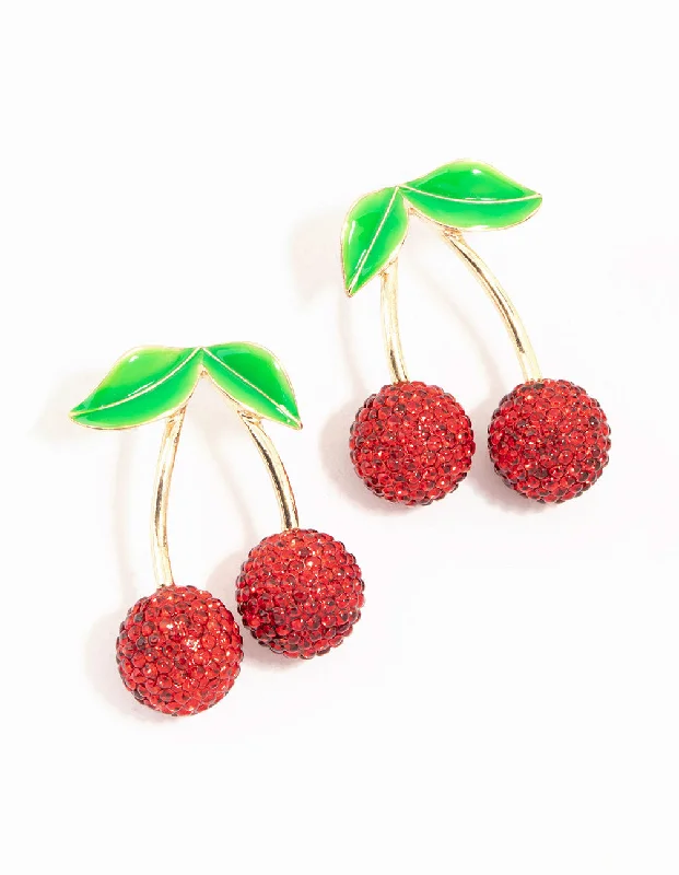 Elegant earrings with intricate designs-Red Diamante Cherry Drop Earrings