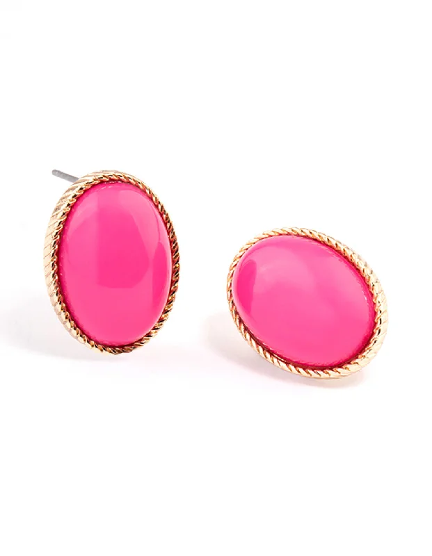 Simple gold stud earrings for women-Fuchsia Large Oval Ornate Stud Earrings