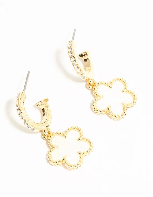 Chic earrings for women with crystal details-Gold Plated Flower Drop Diamante Hoop Earrings