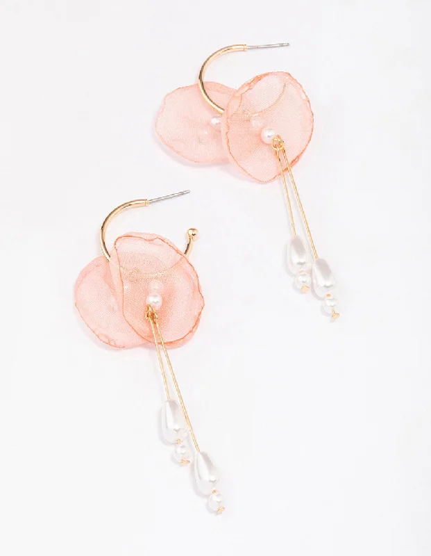 Women’s earrings with heart-shaped designs-Gold Fabric Flower Pearl Drop Earrings