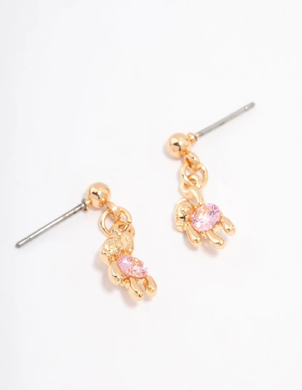 Classic pearl drop earrings for women-Gold Cubic Zirconia Hanging Teddy Bear Earrings