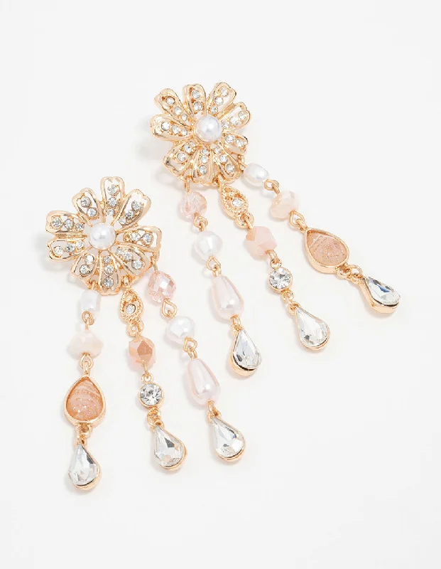 Women’s earrings with floral designs-Rose Gold Bead & Pearl Floral Drop Earrings