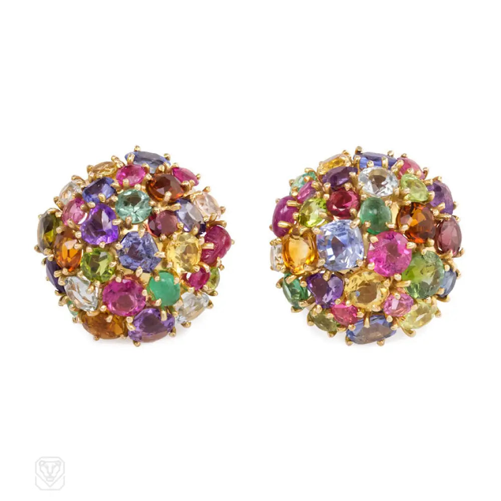 Women’s large statement earrings-Multi-gemstone and gold bombé clip earrings