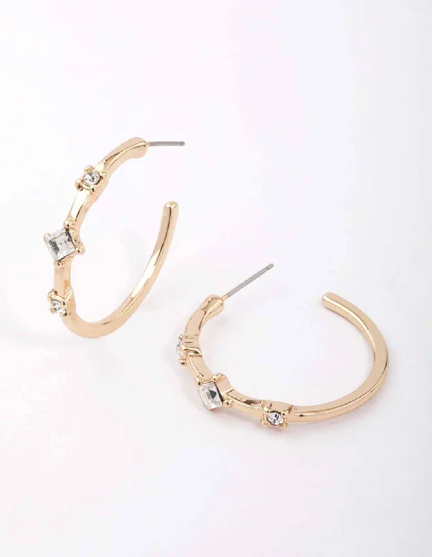 Women’s stud earrings with colored gemstones-Gold Square Diamante Encased Hoop Earrings