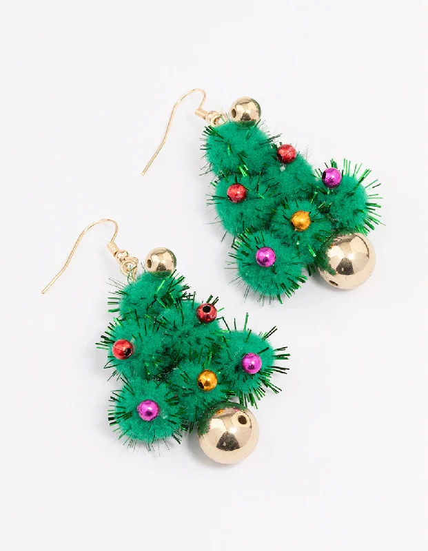 Trendy earrings with gold accents-Green Pom Pom Tree Drop Earrings