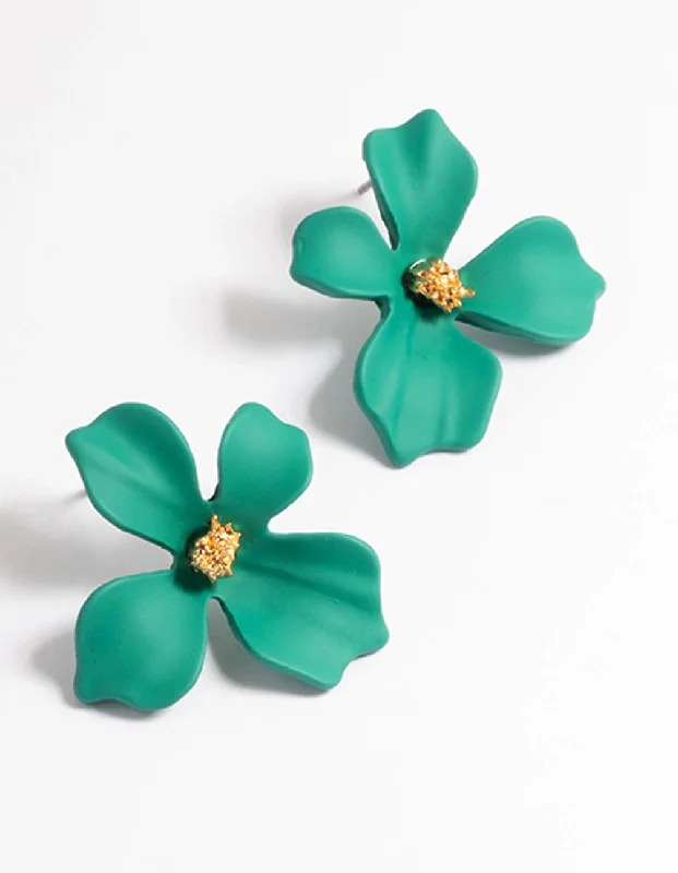 Vintage earrings with intricate designs-Green Matte Flower Stud Earrings