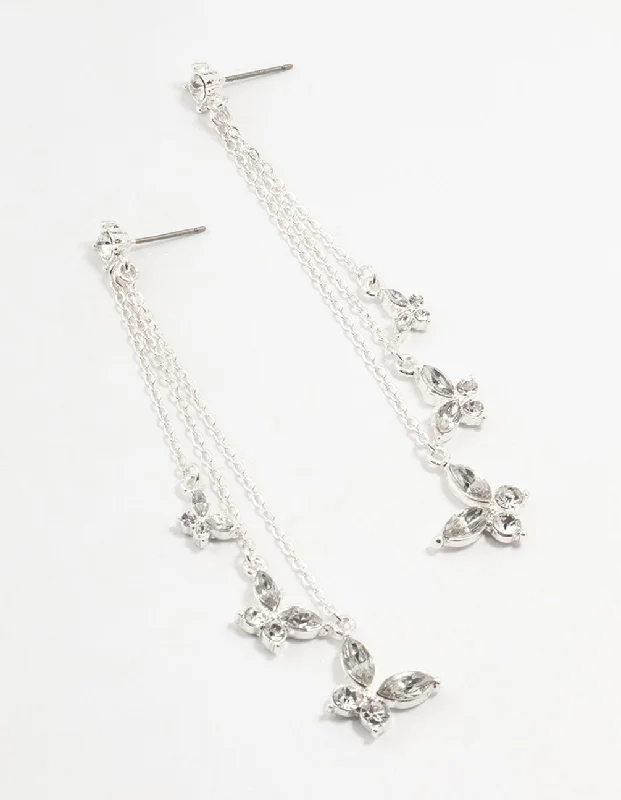 Fashionable earrings with intricate details-Silver Multiple Butterflies Chain Drop Earrings