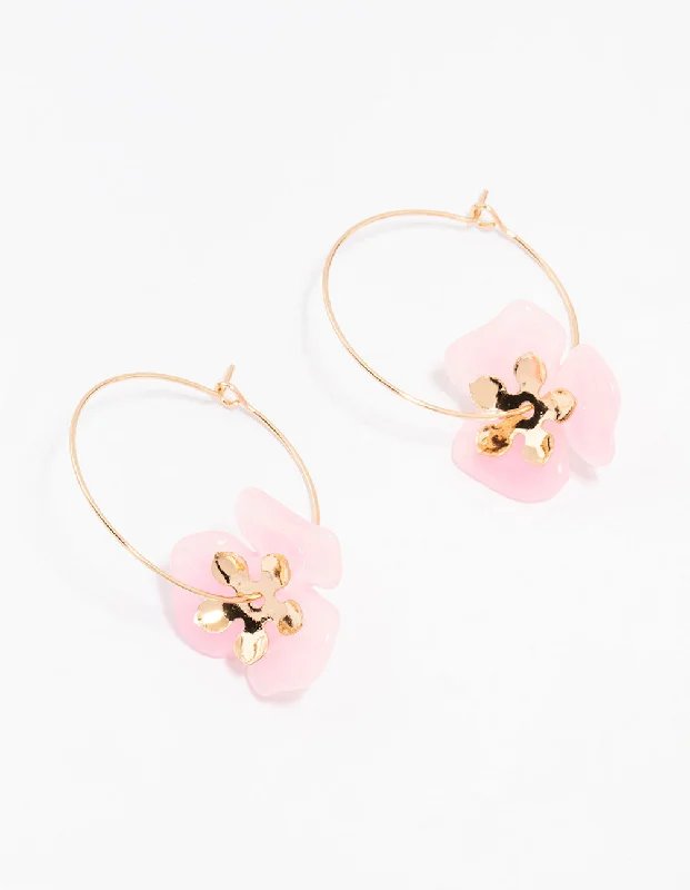 Women’s earrings with matching bracelets-Gold Large Pink Flower Wire Hoop Earrings