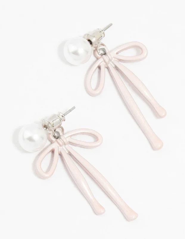 Elegant gold earrings for women-Pink Coated Metal Bow & Pearl Drop Earrings