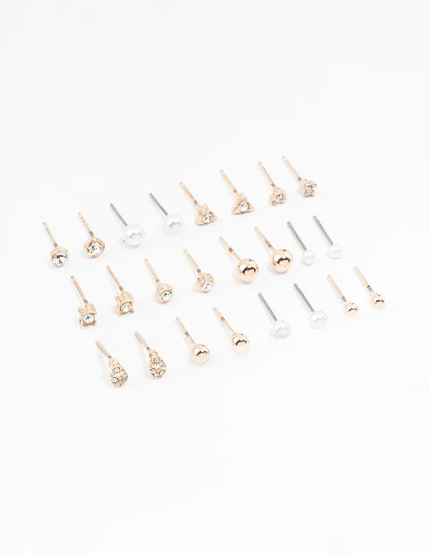 Elegant pearl earrings with silver accents-Rose Gold Classic Pearl & Stone Earrings 12-Pack