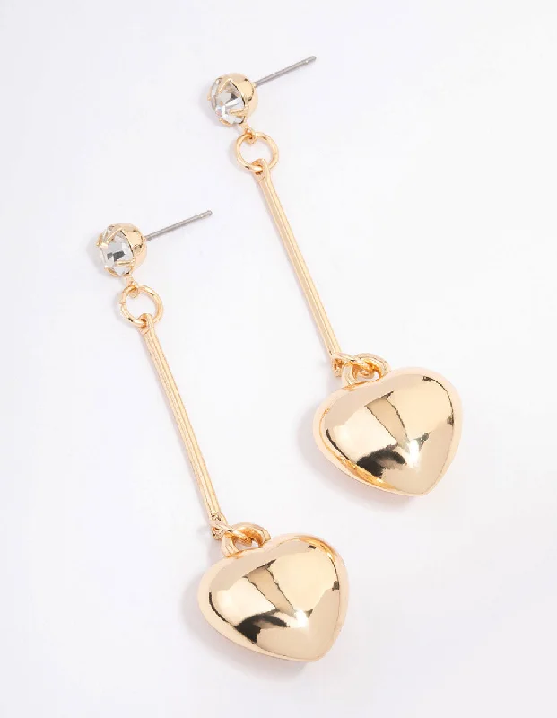 Stylish gold hoop earrings for women-Gold Diamante Chubby Heart Drop Earrings