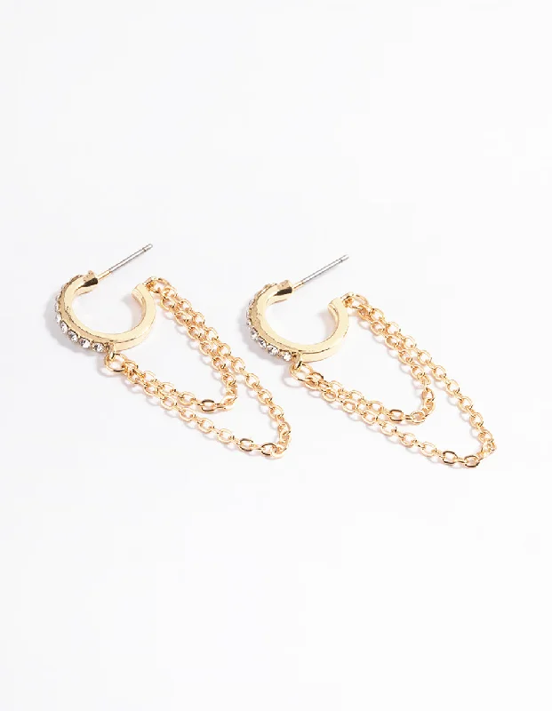 Chic earrings for women with crystal details-Gold Double Chain Diamante Huggie Earrings