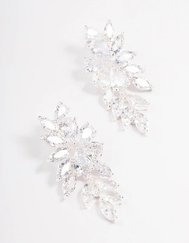 Chic earrings for women with crystals-Silver Flower Cluster Drop Earrings