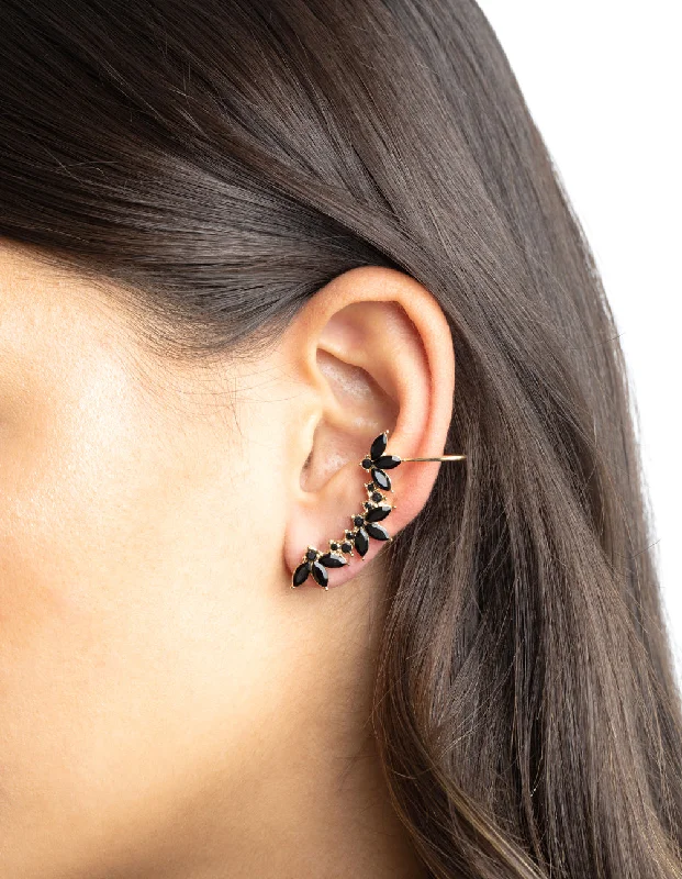 Beautiful silver earrings with diamond accents-Black Diamante Leaf Ear Cuff