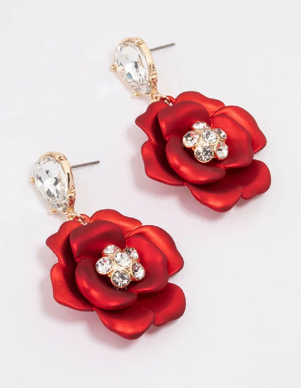 Elegant drop earrings with diamonds-Red Iridescent Flower Stone Drop Earrings