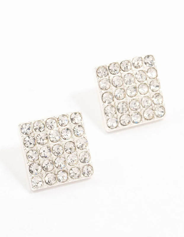 Trendy drop earrings for women-Silver Pave Diamante Square Stud Earrings