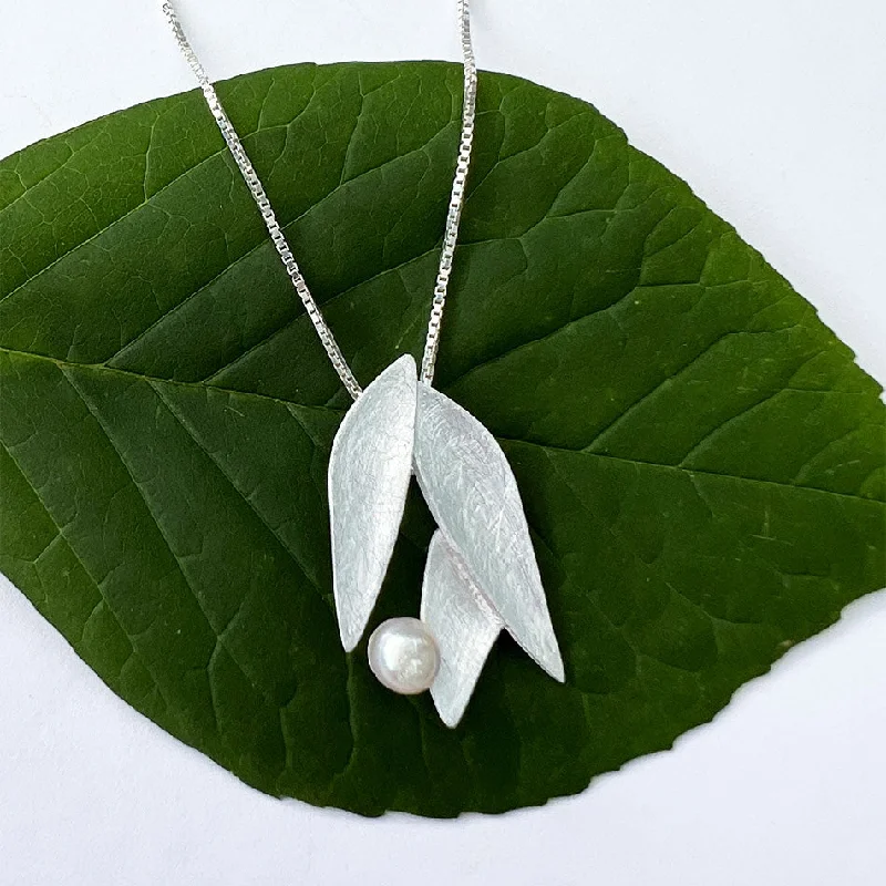 Women’s layered necklaces-Delicate Petal and Pearl Necklace - Sterling Silver, Indonesia