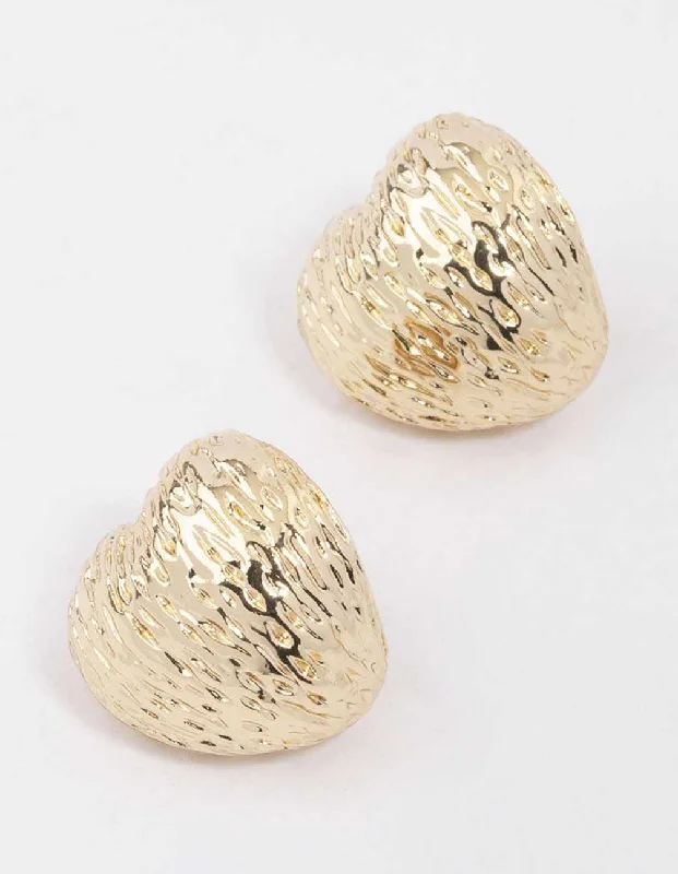 Unique gemstone earrings for women-Gold Puffy Textured Heart Stud Earrings