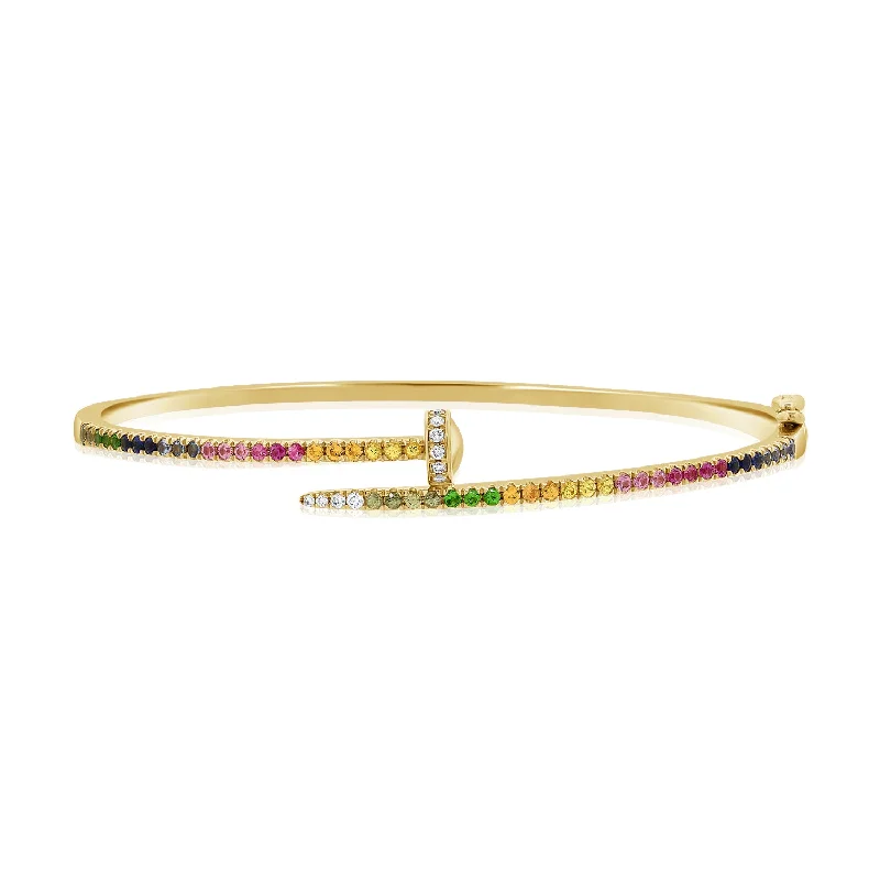 Custom bangles for women with personalized details-Thin Gemstone and Diamonds Nail Bangle