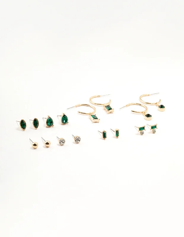 Simple silver earrings for women-Gold Emerald Stone Earrings 8-Pack