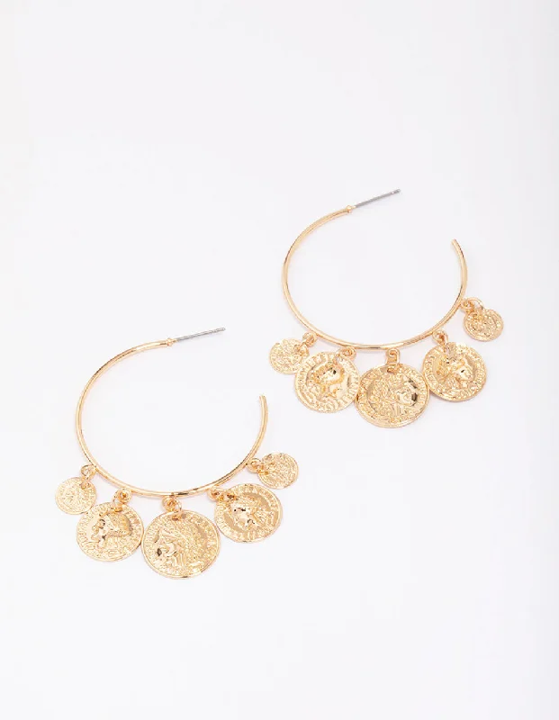 Elegant diamond stud earrings for women-Gold Coin Droplet Hoop Earrings