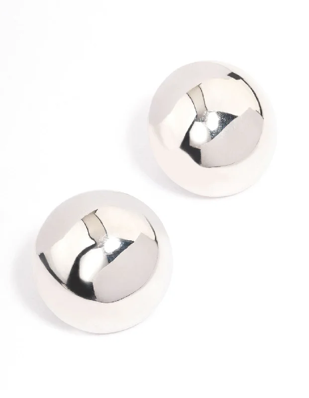 Vintage-style earrings for women-Silver Large Dome Plain Stud Earrings