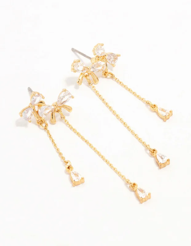 Stunning diamond earrings for women-Real Gold Plated Cubic Zirconia Double Bow & Chain Earrings