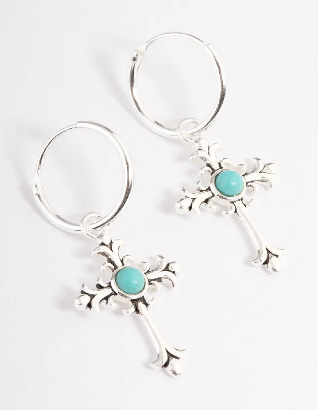 Women’s fashion earrings with modern designs-Sterling Silver Antique Cross Hoop Earrings