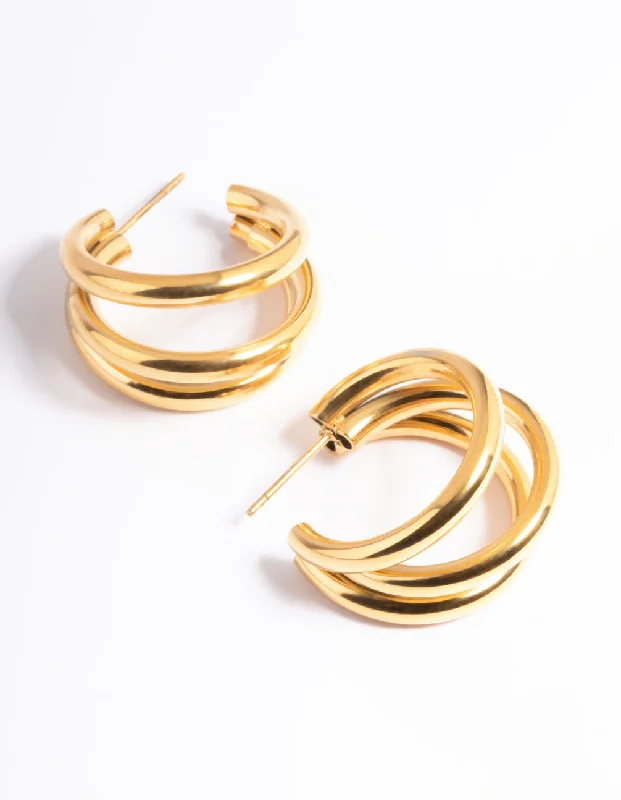 Fashionable earrings for women with multicolors-Waterproof Gold Plated Stainless Steel Triple Hoop Earrings