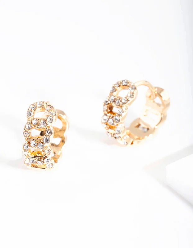 Elegant crystal drop earrings for women-Gold Pave Looped Mini Hoop Earrings