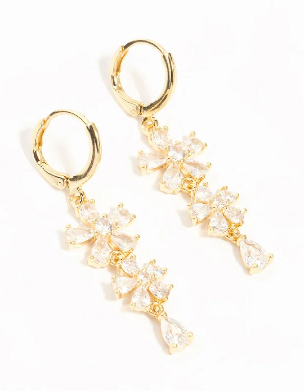 Elegant drop earrings with diamonds-Gold Plated Cubic Zirconia Flower Drop Earrings