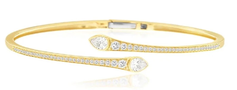 Beautiful gold bangles for women-14k yellow gold bypass pear and round diamond hinged bangle